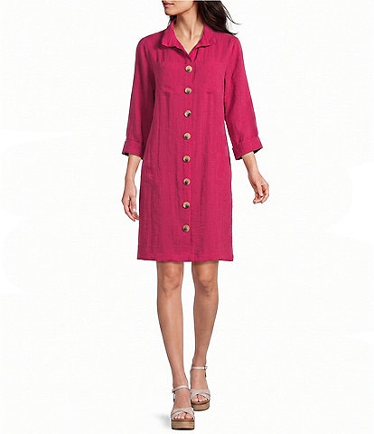John Mark Woven Wire Collar 3/4 Sleeve Button Front Shirt Dress