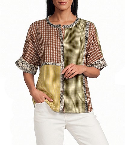 John Mark Yarn Dyed Mixed Check Patchwork Embroidered Band Collar Dolman Elbow Sleeve Button Front Shirt