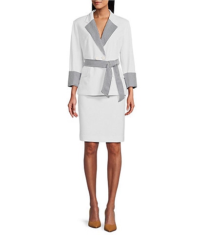 John Meyer Crepe and Houndstooth Notch Lapel Rolled Sleeve Button Front Blazer Jacket and Skirt Set