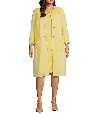 John Meyer Plus Size Lace Coat Collarless 3/4 Sleeve Patch Pocket Button Front 2-Piece Coat Dress