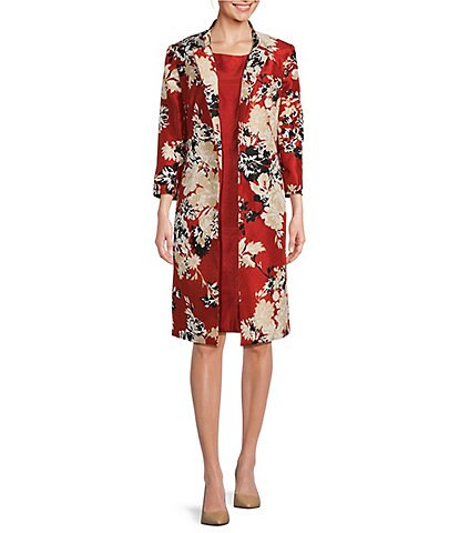 John Meyer Printed Floral Shatung Stand Collar 3/4 Sleeve Button Front Coat Dress