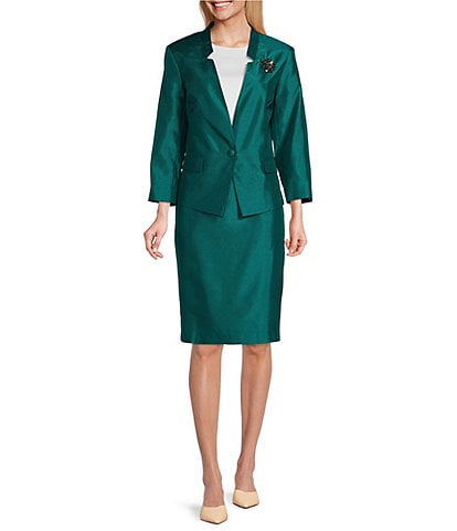 John Meyer Shantung Inverted Notch Collar 3/4 Sleeve Brooch Embellished 2-Piece Skirt Suit