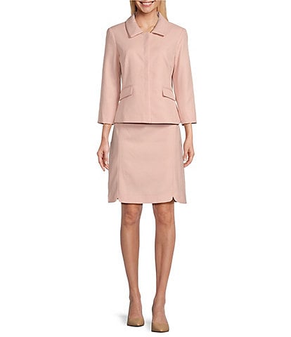John Meyer Solid Woven Textured Collared 3/4 Sleeve Snap Front Jacket & Pencil Skirt Suit