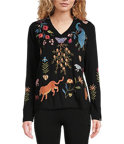 JOHNNY WAS Adela Placement Floral & Wildlife Embroidered V-Neck Long Sleeve Slit Cuff Tee Shirt