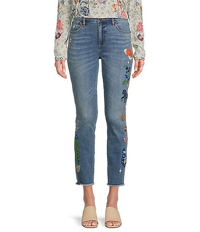 JOHNNY WAS Adela Stretch Denim Cropped Skinny Leg Embroidered Pant