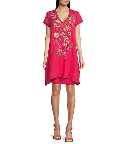 JOHNNY WAS Adele Placement Floral Embroidered V-Neck Short Sleeve Relaxed Tunic Dress