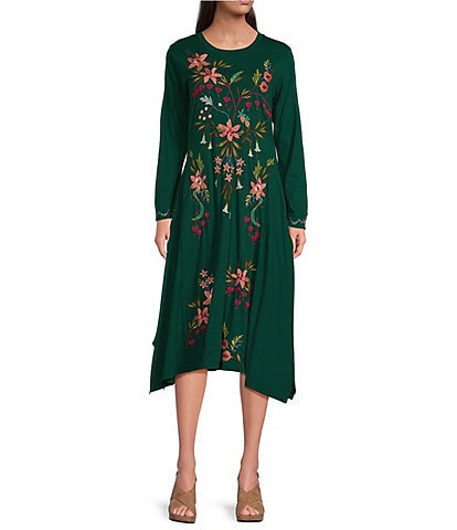 JOHNNY WAS Amarylla Embroidered Floral Knit Crew Neck Long Sleeve Handkerchief Midi Dress