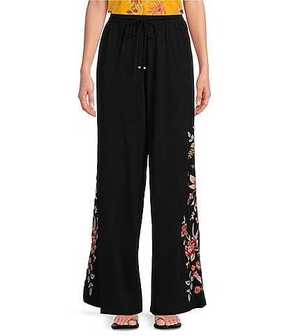 JOHNNY WAS Andrean Drawstring Elastic Waist Embroidered Wide-Leg Pants