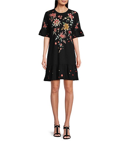 JOHNNY WAS Andrean Placement Floral Embroidery Knit Jersey Round Neck Short Sleeve Shift Dress