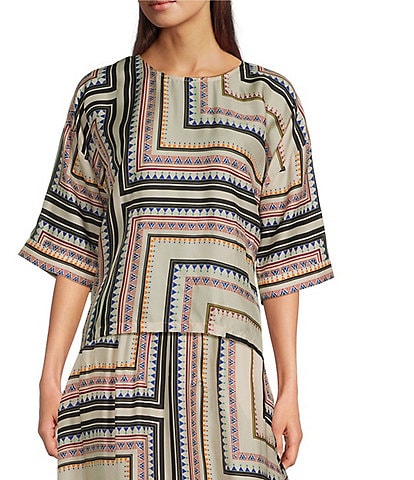 JOHNNY WAS Arden Geometric Printed Silk-Blend Round Neck Short Sleeve Blouse