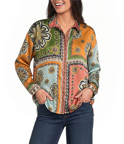 JOHNNY WAS Audrey Patch Print Point Collar Long Sleeve Hidden Placket Button-Front Shirt
