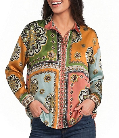 JOHNNY WAS Audrey Patch Print Point Collar Long Sleeve Hidden Placket Button-Front Shirt