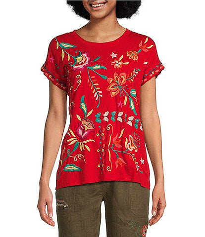 JOHNNY WAS Averi Knit Crew Neck Short Sleeve Embroidered Relaxed Tee Shirt