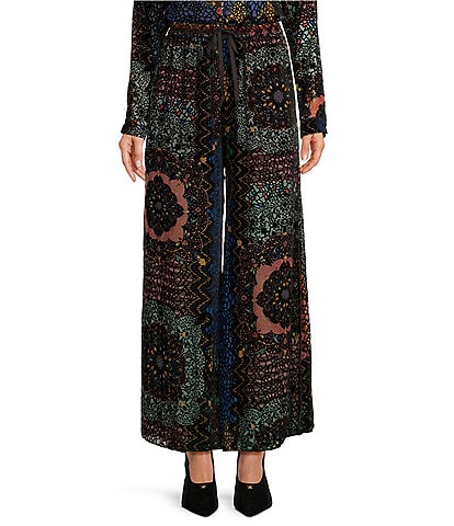 JOHNNY WAS Axelle Burnout Velvet Patchwork Print Wide Leg Pull-On Pants