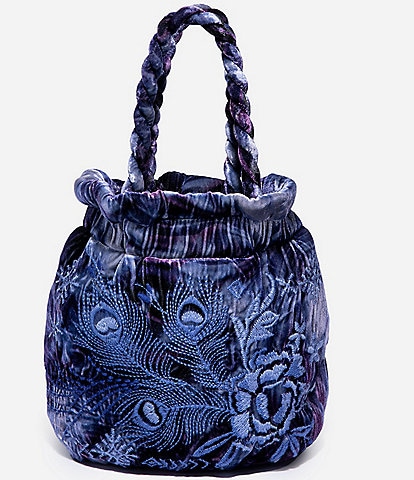 Johnny Was Azure Embroidered Velvet Pouch Bucket Bag