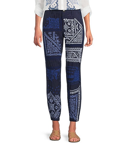 JOHNNY WAS Bandana Pattern Embroidered Jogger Crop Pants