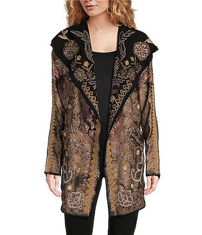 JOHNNY WAS Biya Metallic Faux Suede Placement Embroidered Hooded Shawl Collar Long Sleeve Open-Front Jacket