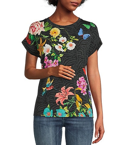 JOHNNY WAS Blooming Breeze Floral Print Crew Neck Short Sleeve Relaxed Tee
