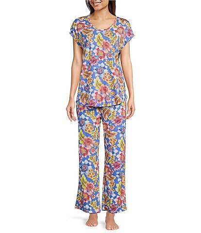 JOHNNY WAS Bobbie Floral Jersey Knit Cap Sleeve Scoop Neck Cropped Pajama Set