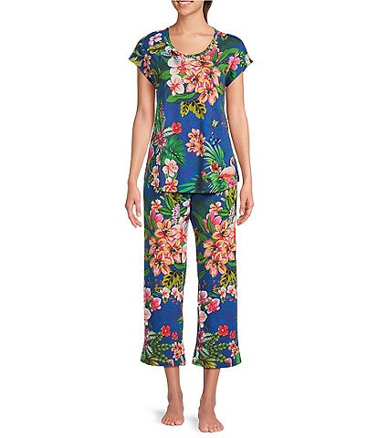 JOHNNY WAS Bobbie Tropical Floral Jersey Knit Cap Sleeve Scoop Neck Cropped Pajama Set