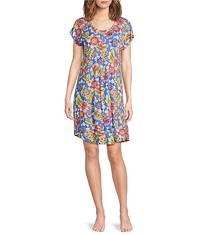 JOHNNY WAS Brigette Jersey Knit Cap Sleeve Scoop Neck Floral Printed Nightshirt