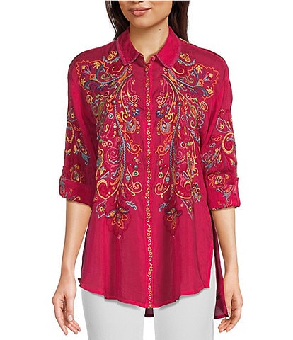 JOHNNY WAS Cachemire Point Collar Long Sleeve Floral Embroidery Button Front Tunic