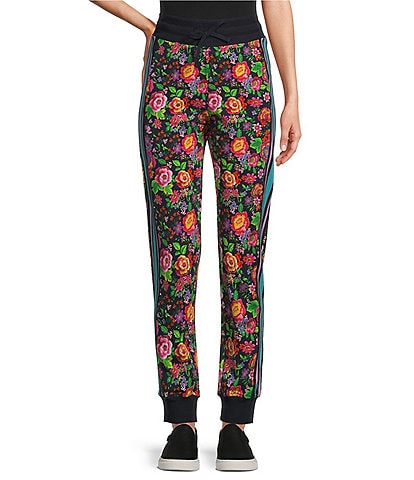 JOHNNY WAS Cantero Floral Print Knit Contrast Stripe Trim Pocketed Relaxed Tapered-Leg Jogger
