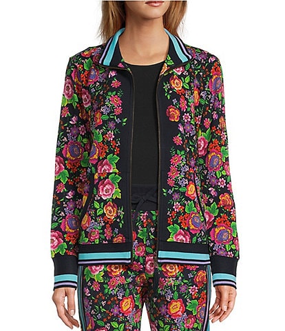 JOHNNY WAS Cantero Floral Print Knit Contrast Stripe Trim Stand Collar Long Sleeve Zip-Front Coordinating Track Jacket