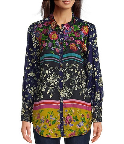 JOHNNY WAS Cantero Yrene Blocked Floral Silk Print Point Collar Long Sleeve Button-Front Blouse