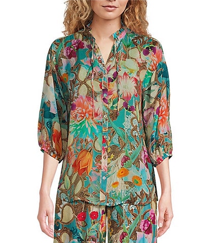 JOHNNY WAS Cathryn Nutro Meadow Floral Print V-Neck 3/4 Sleeve Coordinating Blouse