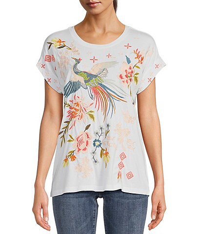 JOHNNY WAS Ceretti Floral and Bird Embroidered Placement Motif Cotton Knit Crew Neck Short Sleeve Relaxed Tee