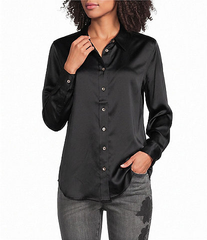 JOHNNY WAS Charmeuse Silky Point Collar Long Sleeve Button-Front Shirt