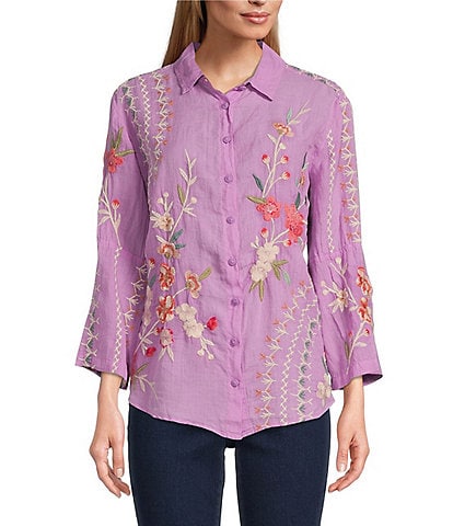JOHNNY WAS Cherri Embroidered Floral Point Collar Long Kimono Sleeve Shirt