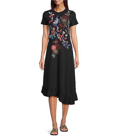 JOHNNY WAS Cora Embroidered Floral Knit Crew Neck Short Sleeve Asymmetrical Ruffle Hem Dress