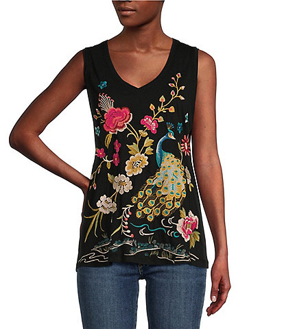 JOHNNY WAS Cotton Knit Jersey Placement Embroidery Raw Edge Trim V-Neck Sleeveless Tank