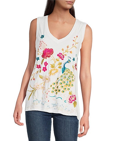 JOHNNY WAS Cotton Knit Jersey Placement Embroidery Raw Edge Trim V-Neck Sleeveless Tank