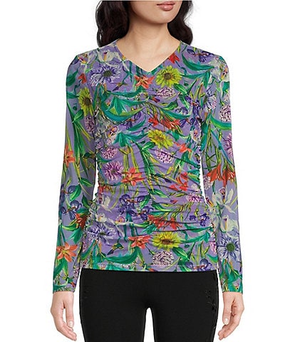 Johnny Was Daphne Mesh Knit Floral Print Crew Neck Long Sleeve Tee