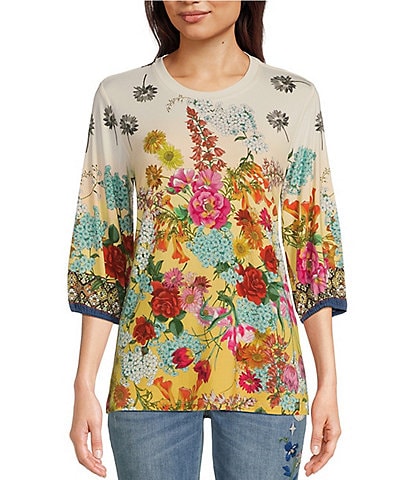 JOHNNY WAS Delite Bamboo Knit Floral Print Scoop Neck Elbow Puff Sleeve Top