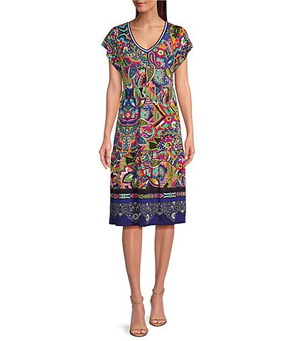 JOHNNY WAS Demarne Abstract Print Knit Jersey V-Neck Short Sleeve Midi Tiered Dress