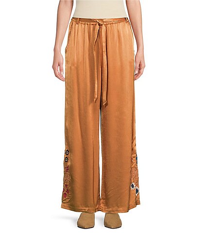 JOHNNY WAS Didiana Floral Embroidered Charmeuse Paperbag Waist Wide-Leg Belted Pull-On Coordinating Pants