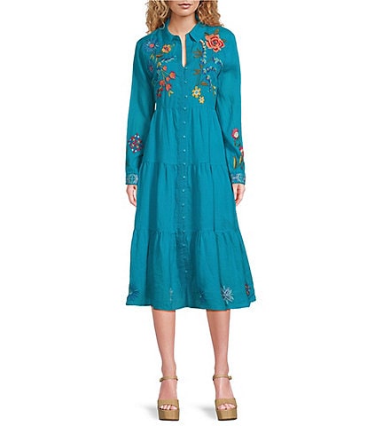 JOHNNY WAS Dionne Placement Floral Embroidered Point Collar Long Sleeve Button-Front Tier Midi Shirt Dress