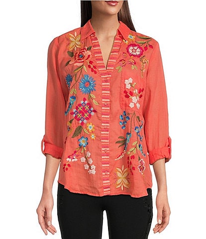JOHNNY WAS Dionne Placement Floral Embroidery Collared V-Neck Long Sleeve Button-Front Relaxed Fit Shirt