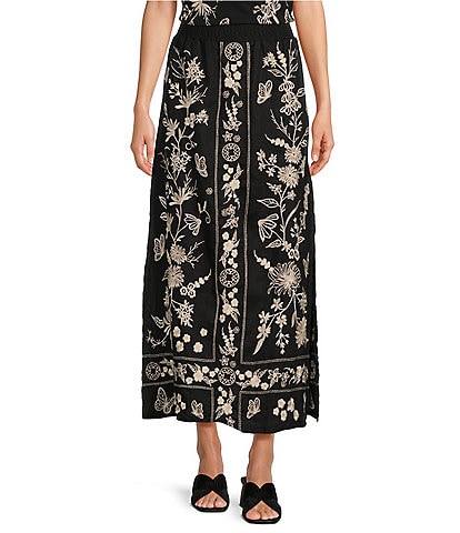 JOHNNY WAS Domingo Linen Floral Embroidery High Slit Coordinating A-Line Skirt