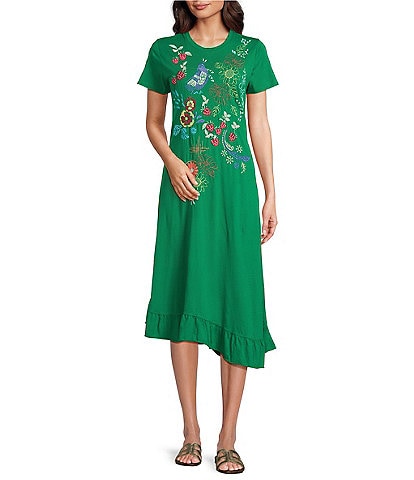 JOHNNY WAS Embroidered Floral Cotton Knit Crew Neck Short Sleeve Asymmetrical Ruffle Hem Dress