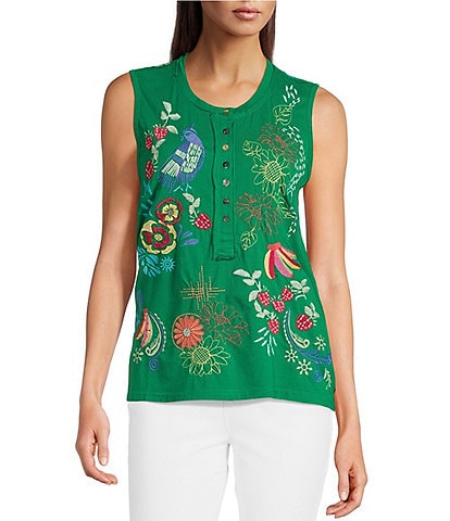 JOHNNY WAS Embroidered Floral Cotton Knit Raw Edge Detail Round Neck Henley Sleeveless Tank
