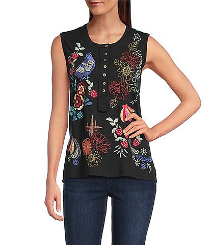 JOHNNY WAS Embroidered Floral Cotton Knit Raw Edge Detail Round Neck Henley Sleeveless Tank