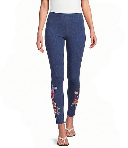 JOHNNY WAS Embroidered Floral Hem Pull-On Knit Leggings