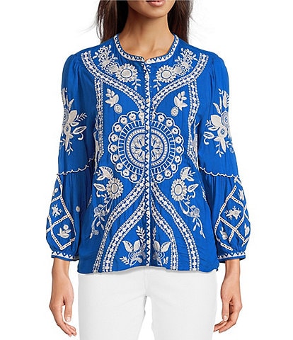 JOHNNY WAS Embroidered Floral Round Neck Long Puff Sleeve Button Front Blouse