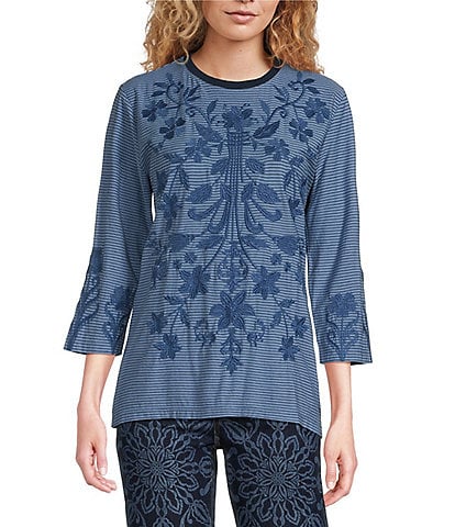 JOHNNY WAS Embroidered Floral Talithia Crew Neck 3/4 Sleeve Knit Tee