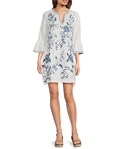 JOHNNY WAS Embroidered Linen Split V-Neck 3/4 Ruffle Sleeve Dress